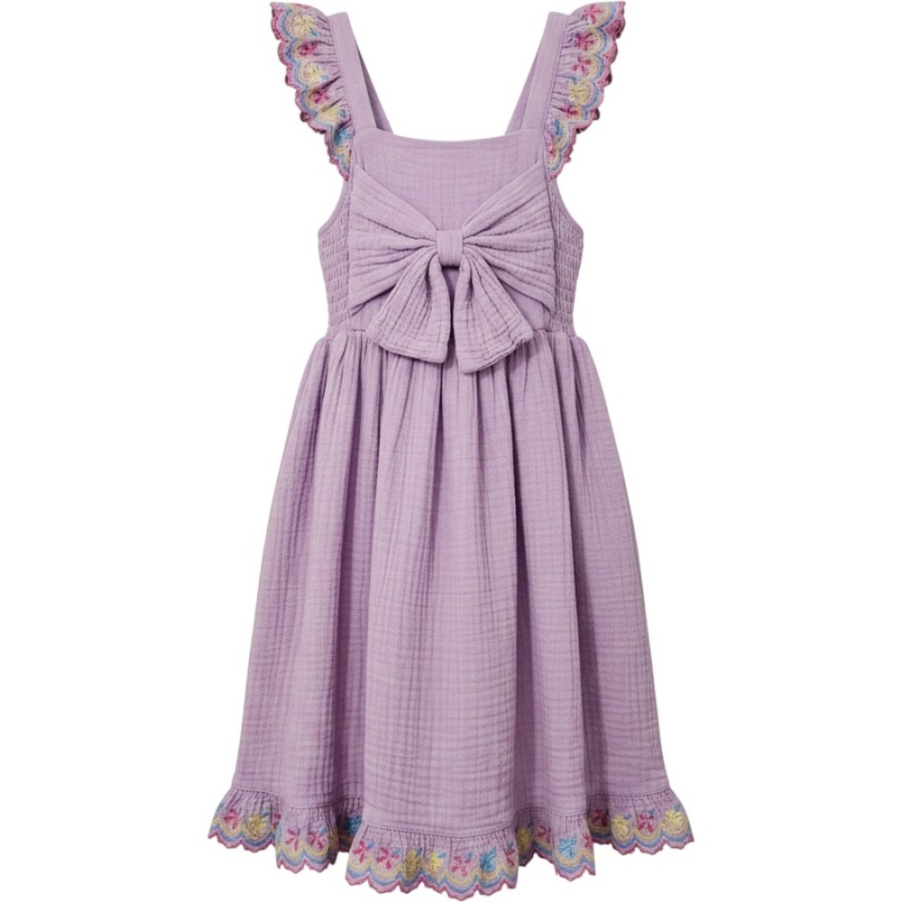 Blueberry Boulevard Girls Lavender Cotton Gauze Bow Dress Floral Embroidered 6X